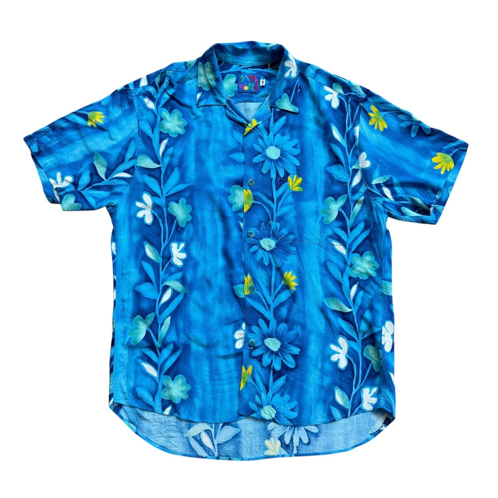 Jams World Mens Blue Floral Rayon Button Up Shirt Short Sleeve Camp Collar Sz M